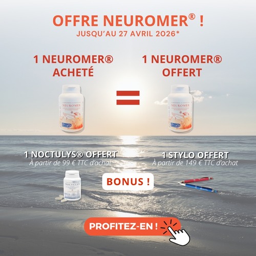 OFFRE SPÉCIALE ✨

Du 13/04 au 27/04, profitez d’une offre exceptionnelle :
👉 1 Neuromer® acheté = 1 Neuromer® OFFERT !

Prenez soin de votre bien-être au quotidien et gardez une bonne humeur ainsi qu’un bon moral grâce aux Oméga 3. 🧠💙

Les Oméga 3 contribuent au bon fonctionnement du cerveau et participent à l’équilibre émotionnel. Un allié précieux pour rester positif et en forme au quotidien !

En bonus, 1 Noctulys® offert à partir de 99€ TTC d'achat et un stylo Nutrilys offert à partir de 149€ TTC d'achat !

📅 Offre valable du 13 avril au 27 avril

#OffreSpéciale #Omega3 #BienÊtre #BonneHumeur #Neuromer #Santé #Noctulys