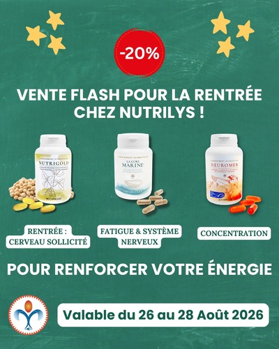 LA RENTRÉE SE PRÉPARE AVEC NUTRILYS ! ✨🎒

Après les vacances, il est temps de retrouver rythme, énergie et concentration !
Pour bien démarrer cette nouvelle année, profitez de notre vente flash spéciale rentrée : -20% sur une sélection de produits Nutrilys ! 🎉

- NutriGold® → pour solliciter votre cerveau
- La Cure Marine® → pour accompagner votre système nerveux et lutter contre la fatigue
- Neuromer® → pour favoriser concentration, énergie et équilibre

Une rentrée pleine d’énergie, de concentration et de sérénité ! 📚✨ 

⏰ Offre flash – profitez de -20% dès maintenant ! Valable le 26, 27 et 28 Août !

#Nutrilys #Rentrée2026 #VenteFlash #PromoRentrée #BienÊtre